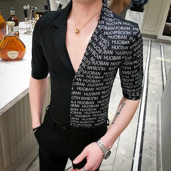 

V-neck Men Shirt Letter Print Half Short Sleeve Dress Shirts Casual Slim Streetwear Social Shirts Camisa Masculina 2020 Summer