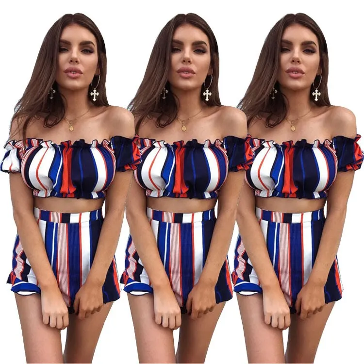 

Rainbow Stripe Two Piece Set Summer Women Suit Sexy Strapless Crop Top High Waist Shorts Female Tracksuit Outfit