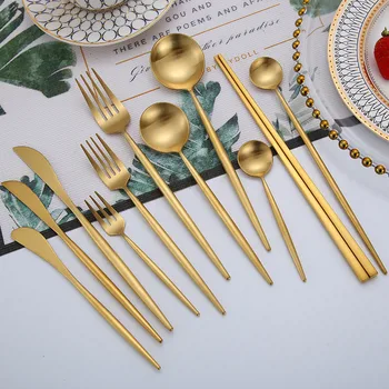 

Cutlery Set Dessert Fork Knives Spoon Chopsticks Stainless Steel Silverware Steak Tableware Matte Gold Dinnerware Tableware