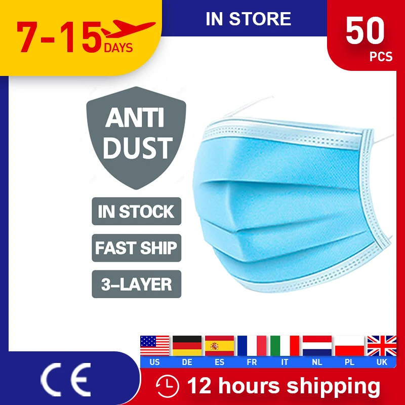 

Fast Delivery 50PCS Mouth Masks Anti Dust Face Mask Disposable Mask Filter 3-laye Anti-Dust Meltblown Cloth Masks Earloops Masks