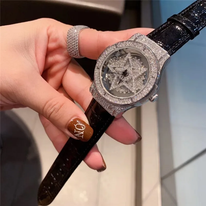 Women Watches Women Luxury Brand Fashion Silver Star Watch Diamond Womens Watches Top Brand Female Leather Wrist Watch C003