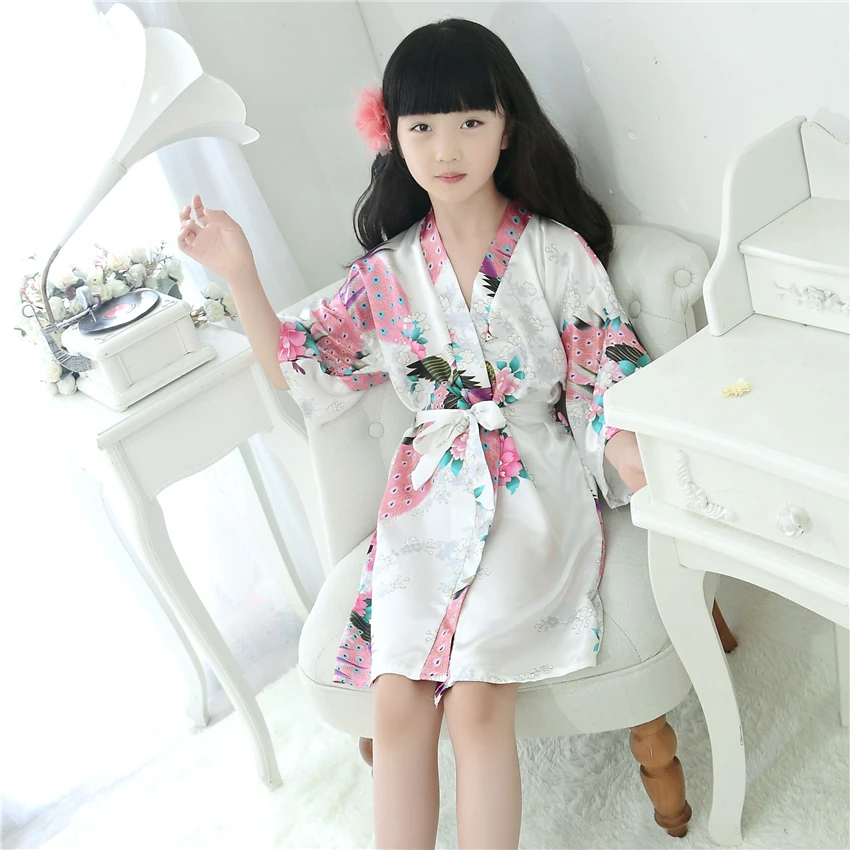 9Color Traditional Japanese Kimono Clothing for Girls Wedding Bridesmaid Peacock Yukata Pajamas Kids Silk Asian Sleepwear