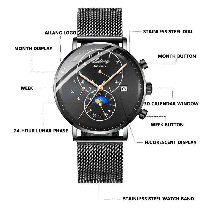 AILANG 2022 Fashion Men's Business Watch New 50M Waterproof Calendar Men Automatic Mechanical Luxury Personality Luminous Watch