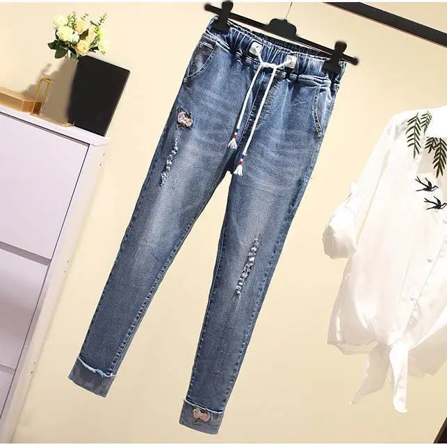 Plus Size Woman Flower Embroidered Jeans Lace Up Jeans Elastic Denim Trousers Cuffs Loose Ankle-Length Hole Harem Pants