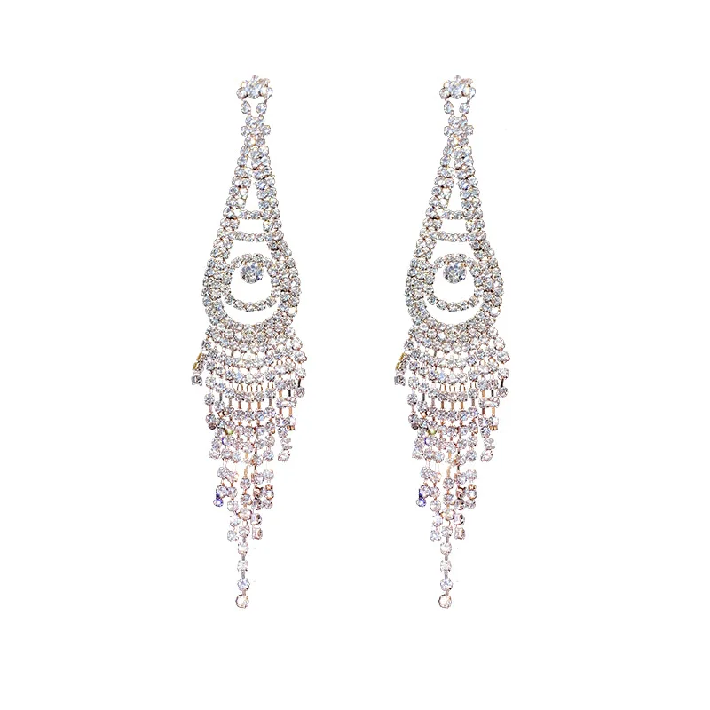 

Luxury Long Tassel Rhinestone Women Drop Earrings Boho Full Diamante Geometric Bling Chandelier Earrings Party Engagement
