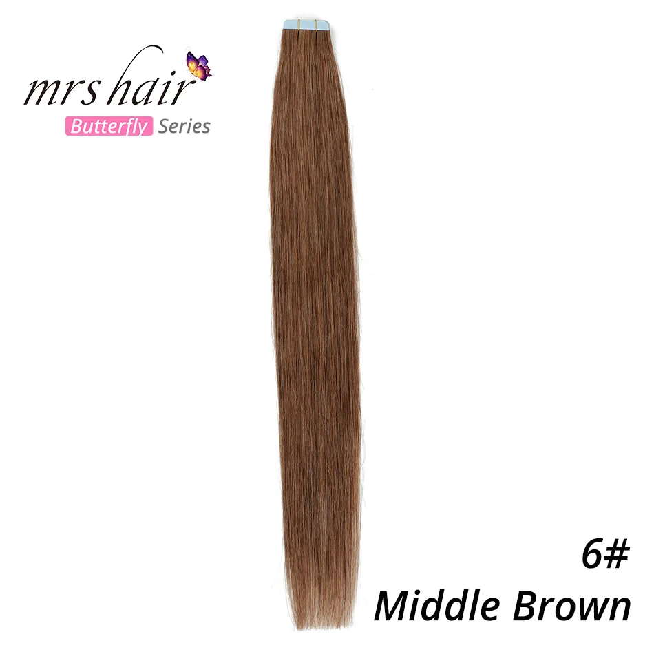 #6 MRSHAIR 6# кожи уток человеческих волос прямой 20 штук ленты в расширение номера Волосы remy двухсторонней ленты для волос 1" 18" 2" 22" 24" - Цвет: #6