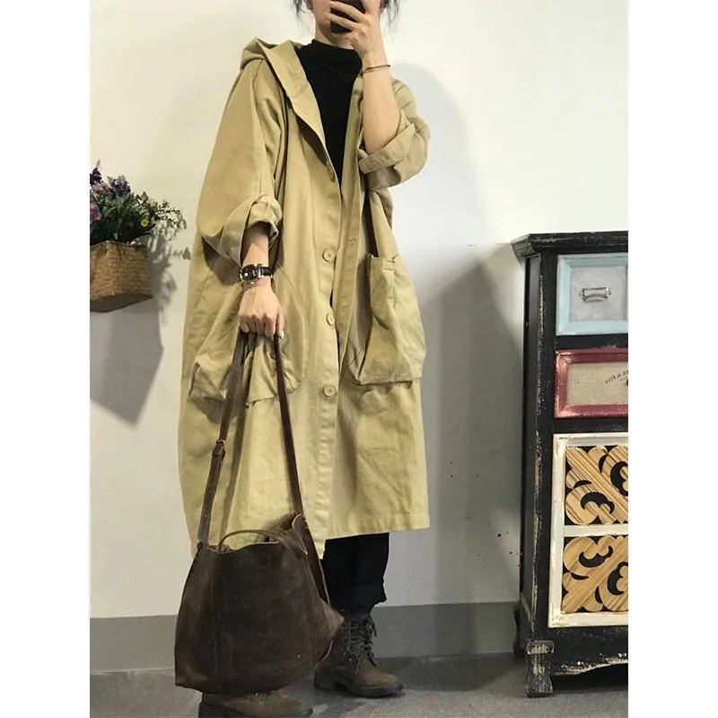 2020 Autumn New Korea Fashion Women Loose Hooded Trench Coat All-matched Casual Single Breasted Long Trench Coat Femme M593