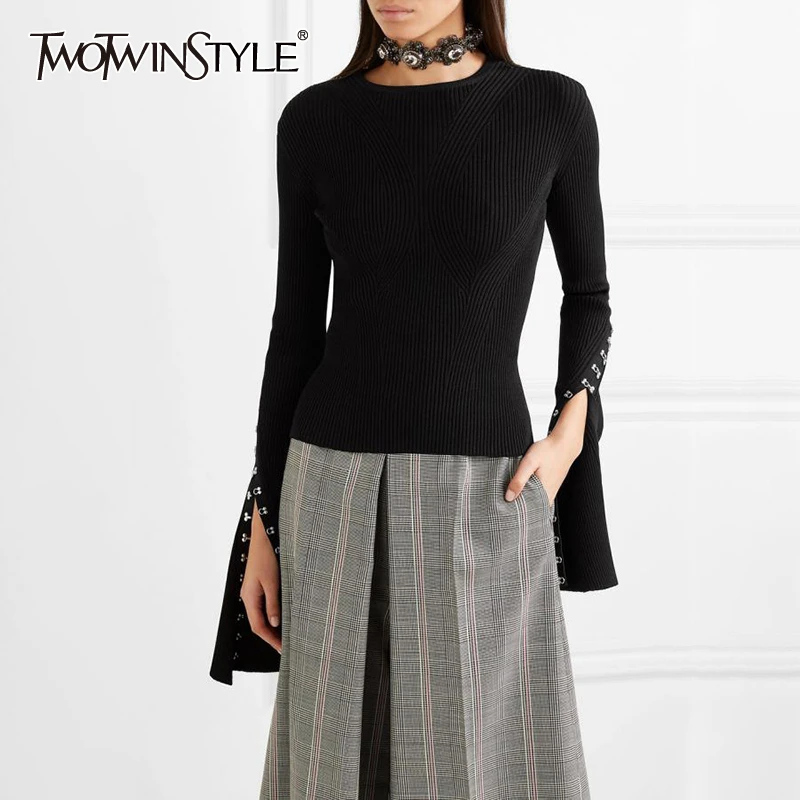

TWOTWINSTYLE Solid Elegant Knitting Women's Sweater O Neck Split Flare Sleeve Knitted Pullovers Autumn Sweaters Female 2019 New