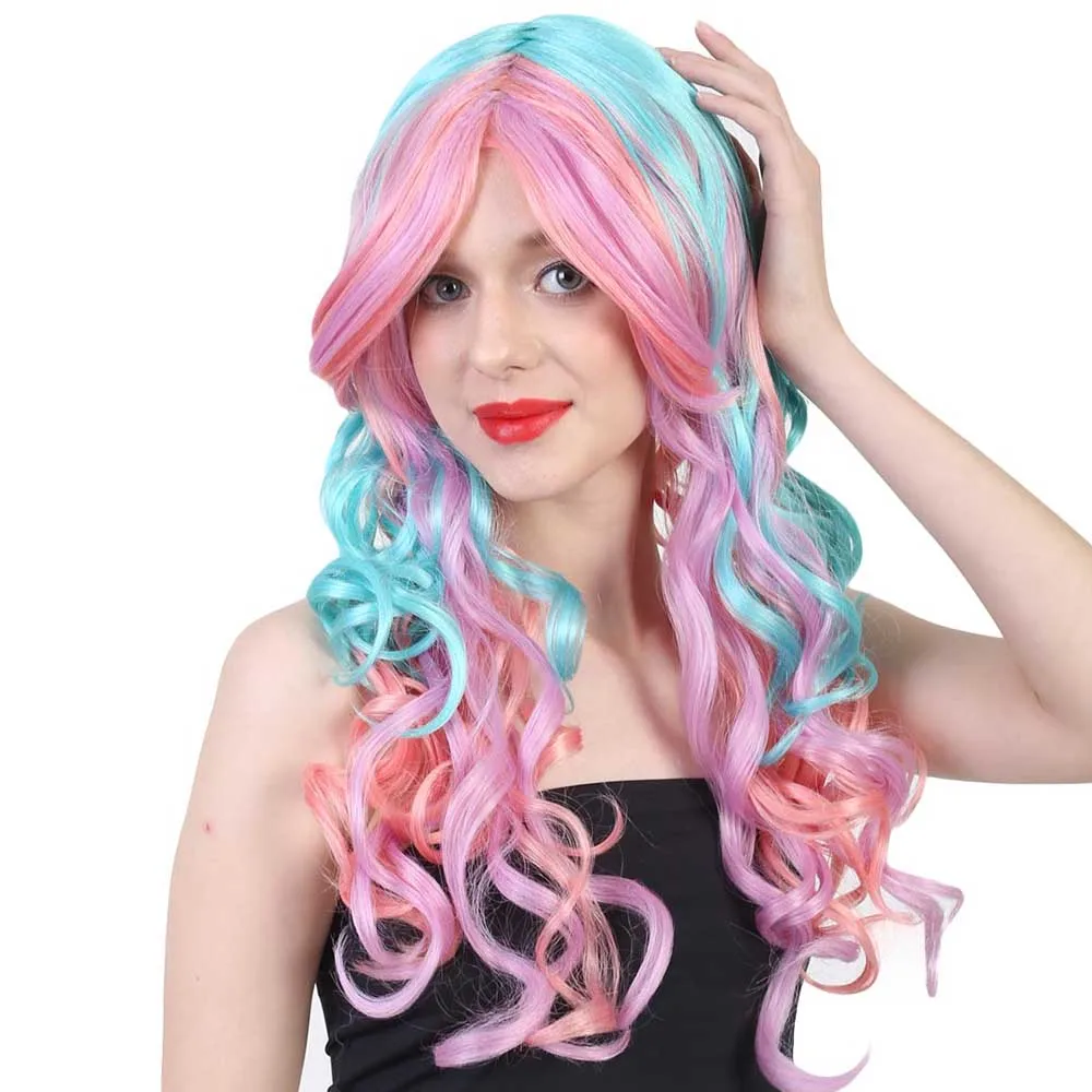 

HPO Synthetic Fantasy Pink Sky Blue Long Curly Cosplay Wigs with Bangs Fancy Dress Costume Masquerade Anime Halloween Party Wigs