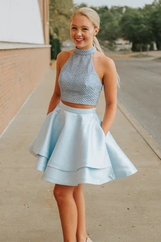 

Elegant Light Blue Two Pieces Set Homecoming Dresses Halter Neck Beaded Tops Satin Short Cocktail Party Gown