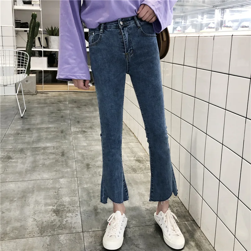 Women Hight Waisted Wide Leg Jeans Summer Autumn Stretch Slim Ankle Length Button Pockets Denim Flare Pants Plus Size
