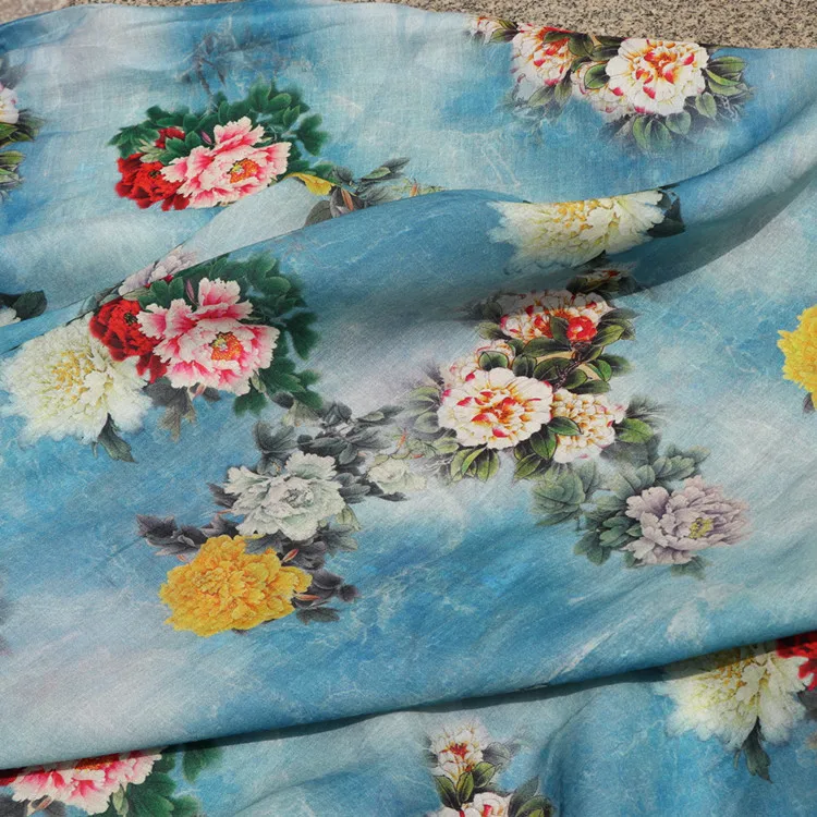 Высококачественная ткань из чистой рами, с изображением синего пиона, tissu, высококачественные платья и юбки tissus