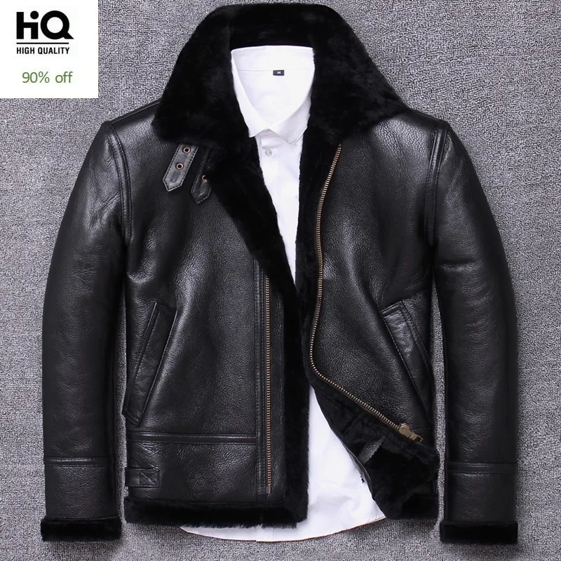 

Winter Mens Real Sheep Fur Lining Jacket Genuine Leather Motorcycle Windbreaker Jacket Buckle Collar Thick Warm Shearling Coat