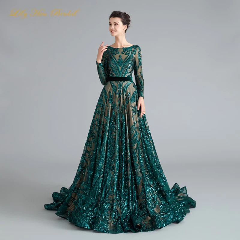 

6 Colors Sparkly Evening Dresses A Line Bateau Neck Long Sleeve Prom Party Gowns with Sash Open Back Lace-up