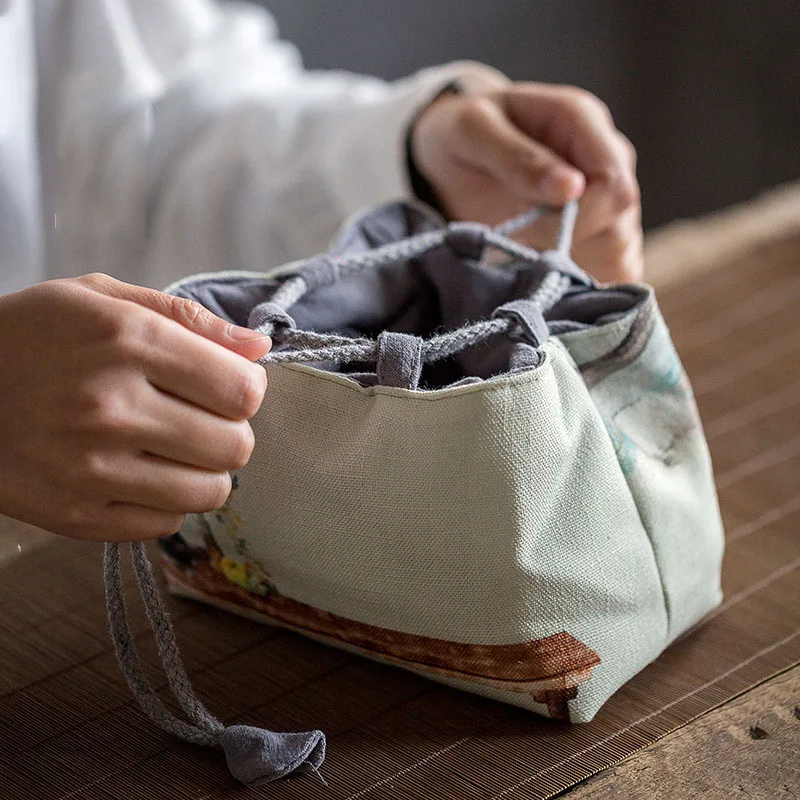 Vintage Persimmon Tea Cup Cloth Storage Bag Portable Printing Travel Kung Fu Tea Cozies Hand Bags Ceremony Accessories LA453