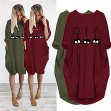 Vestido holgado con estampado de gato para mujer, ropa Maxi Vintage con bolsillo, informal, para fiesta, otoño