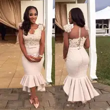Cute Cap Sleeves V Neck Lace Appliqued Mermaid Party Dress Tea-Length Sexy African Illsion Back Formal Party Bridesmaid Dress