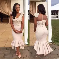 Cute Cap Sleeves V Neck Lace Appliqued Mermaid Party Dress Tea-Length Sexy African  Illsion Back Formal Party Bridesmaid Dress