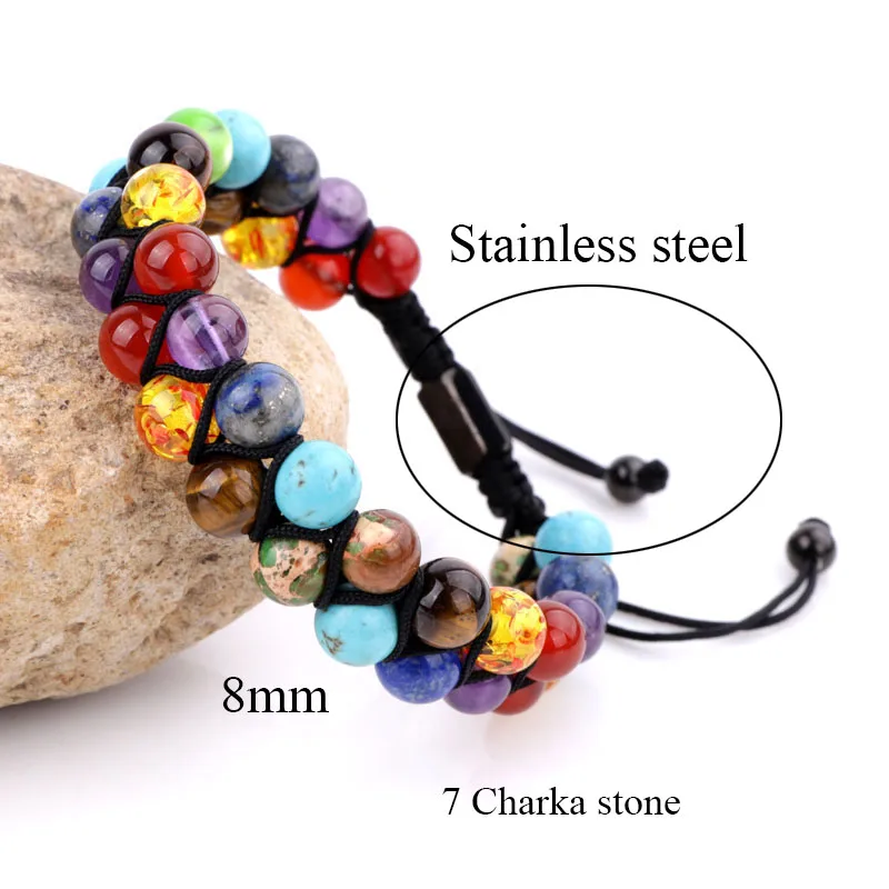 High Quality 7 Charka 8mm Stone Beads Double Layer Link Cord Bracelet Adjustable Woven Wrap for Women Men - Image 3