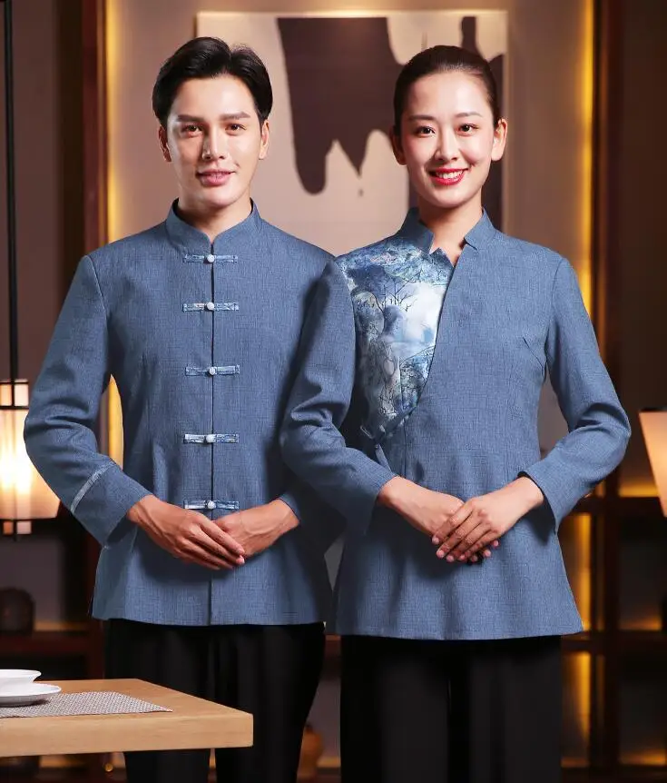 Льняной хлопок сервер очистки рабочий отель горячий горшок китайский ресторан питание 4 сезона женский мужской Тан куртка vitage стиль
