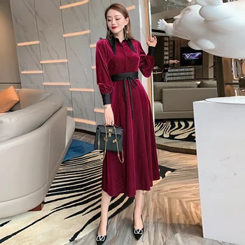 

High Quality 2020 Autumn New Women'S Fashion Party Casual Vintage Elegant Chic Lapel Long Sleeve Velvet Midi Dress