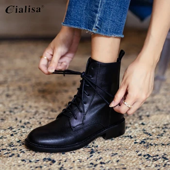 

CIALISA Woman Boots Genuine Leather Round Toe Mid Heel Lace Up Large Size 40 Shoes 2020 Fashion Winter Autumn Daily Boots