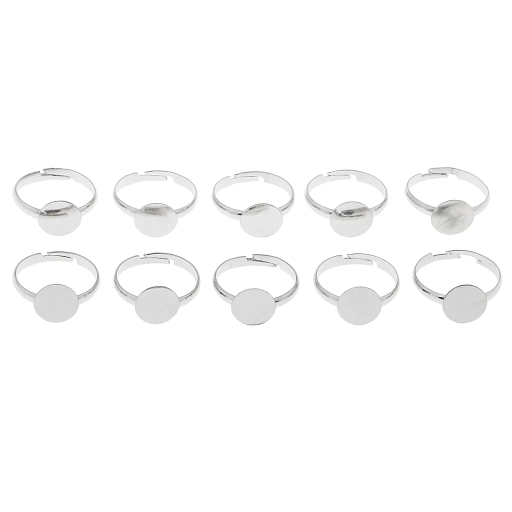 10Pcs 10mm Pad DIY Ring Base Adjustable Ring Blanks Glue On Cabochons Rings