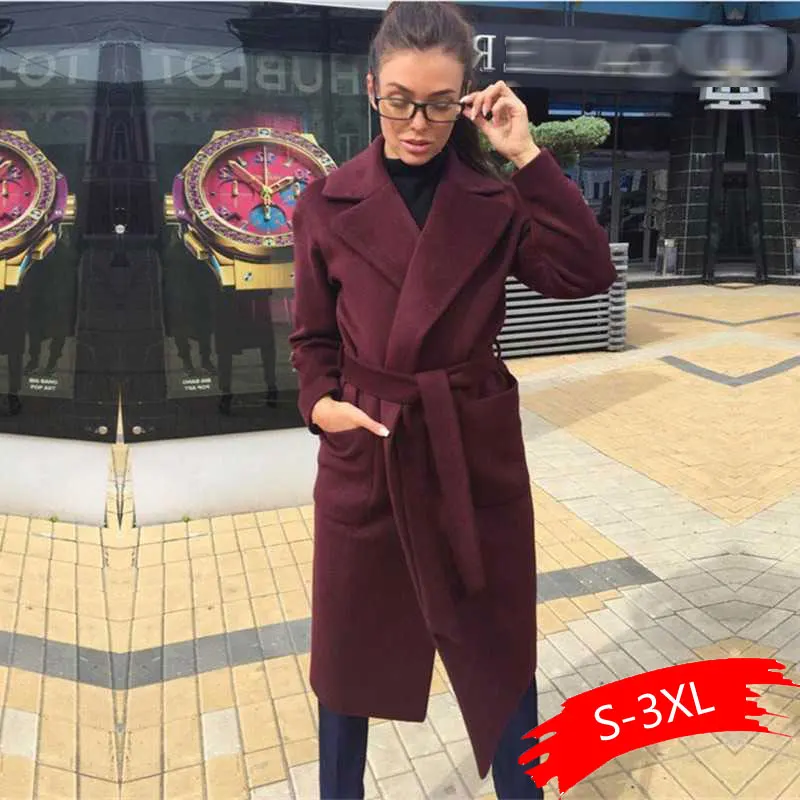 

Elegant Long Women's Coat Lapel 2 Pockets Belted Jackets Solid Color Coats Female Outerwear