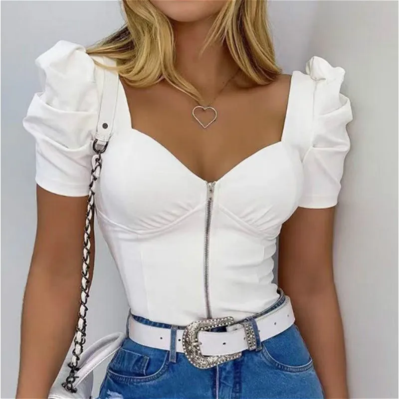 Блузка женская с пышными рукавами модный винтажный топ коротким рукавом