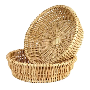 

Round Rattan Basket Fruit Bread Tray Storage Basket Rattan Basket, Natural Rattan Handmade,2 Pack