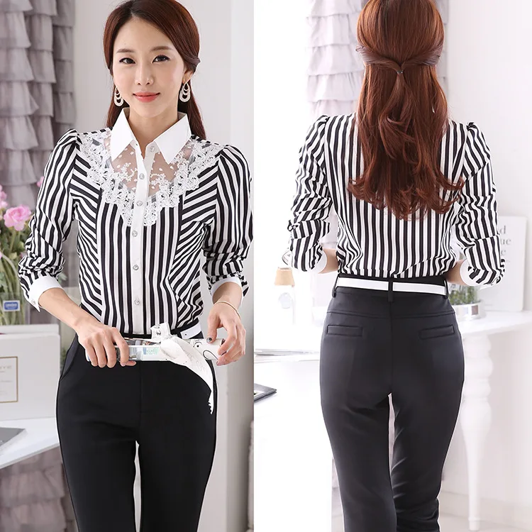 New Women Lace Spliced Embroidery OL Blouses Tops Feminine Slim Shirt Korean Fashion Stripe Tops Plus Size 4XL satin shirts for women