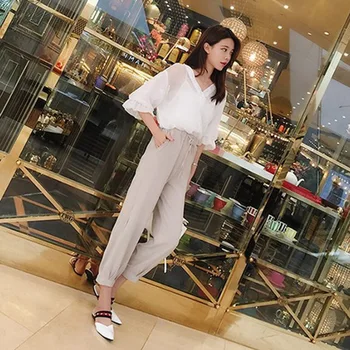 

Summer women's suit Wide Leg Pants Small fresh Chiffon Top Harun pants two piece women's set