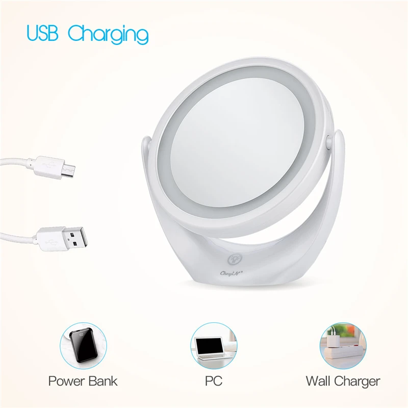 USB Перезаряжаемый светильник для макияжа, двухстороннее зеркало, 1х/5х увеличение, косметическое зеркало на 360 градусов, поворотное косметическое зеркало