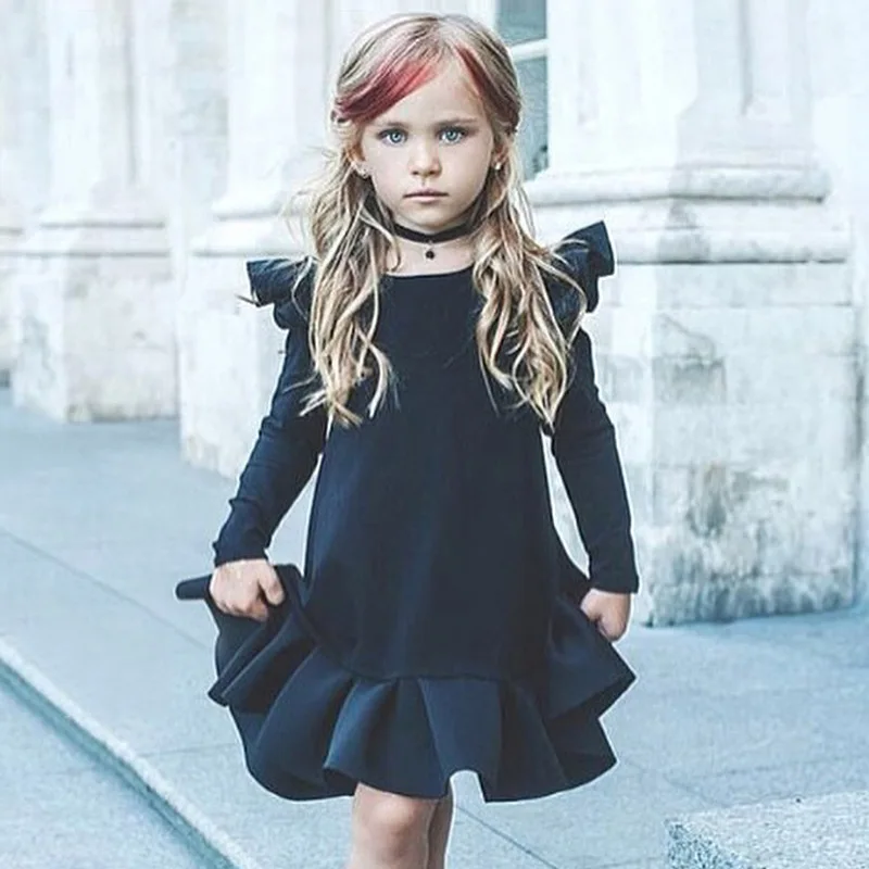 Новинка 2019 года; зимние платья для маленьких девочек; темно синее плиссированное платье с длинными рукавами и пышными рукавами; детское Повседневное платье