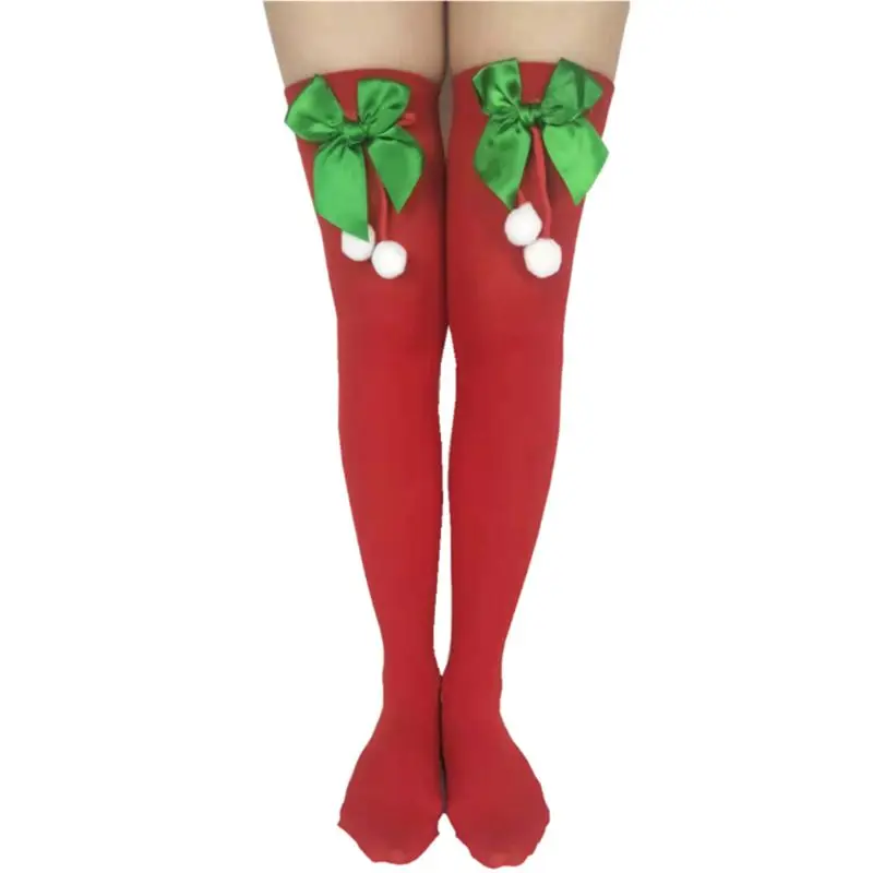 Women Christmas Thigh High Stockings Pompom Bowknot Deer Doll Xmas Long Socks 
