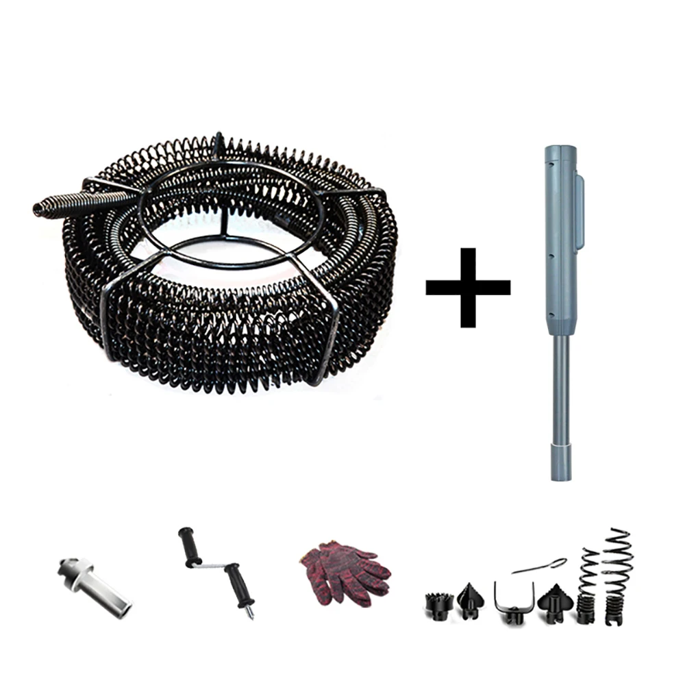 12M Household Drain Pipe Dredger Sewer Dredging Machine Extension Spring Set Compression Spring With Crank For 40-100MM Pipe