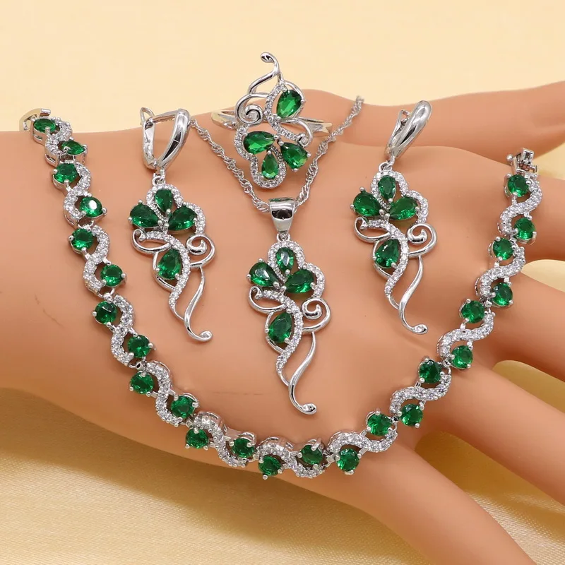 925 Sterling Silver Green Stones Cubic Zirconia Jewelry Sets For Women Earrings Pendant Necklace Ring Bracelet