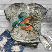 Camicia da donna moda e confortevole T-shirt girocollo a maniche corte con stampa uccello carino casual street custom plus size top