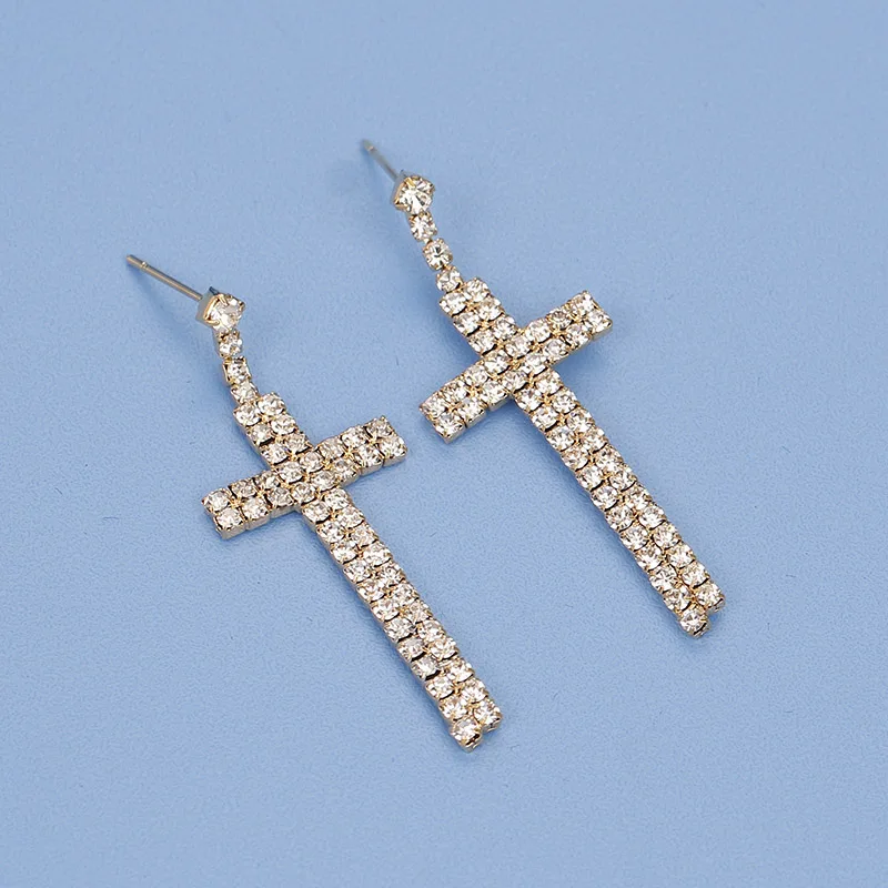 Bridal Crystal Cross Shape Long Earrings Sparkly Silver Color Rhinestone Dangle Earrings For Women Wedding Jewelry Gifts dangle earrings long earrings cross earrings crystal earrings