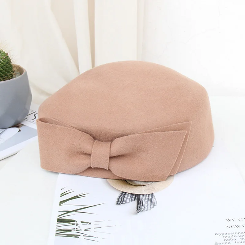 Женская Шерстяная кепка Fedoras, Женская шерстяная Кепка с бабочкой, осенне-зимний берет, Кепка-котелок, шляпа тыквы, купольная Кепка LM073 - Цвет: Хаки