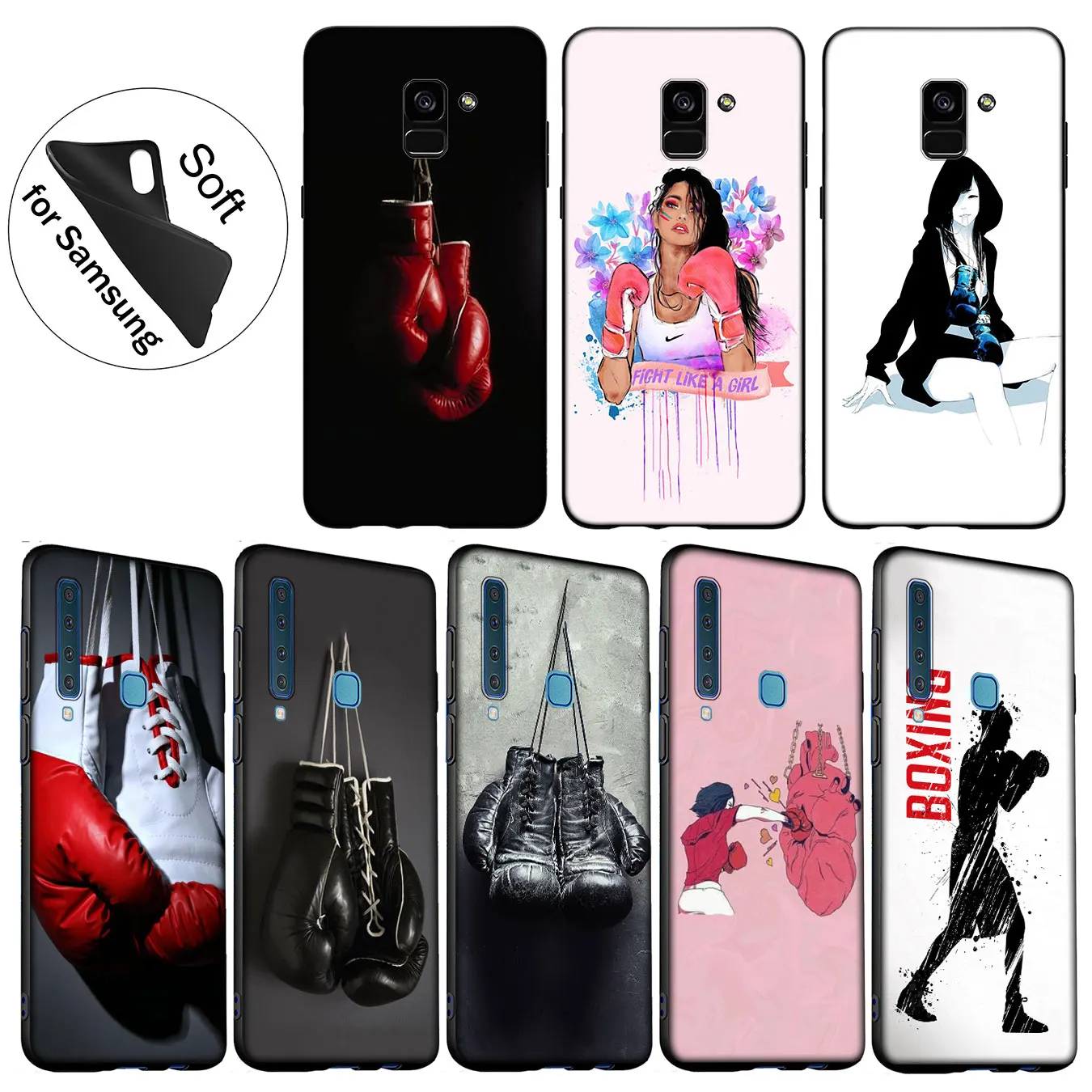 IYICAO Cartoon Boxing Girl Gloves Pattern tpu Soft Case for Samsung Galaxy J8 J7 Duo J6 J4 Plus A2 Core Prime 2018 Black Cover |