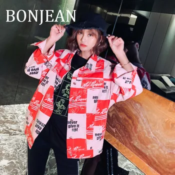 

BONJEAN Letters Print Jacket for Women 2019 Autumn Coats and Outerwear Patchwork Red Jacket with Crystal Loose Coats BJ1782
