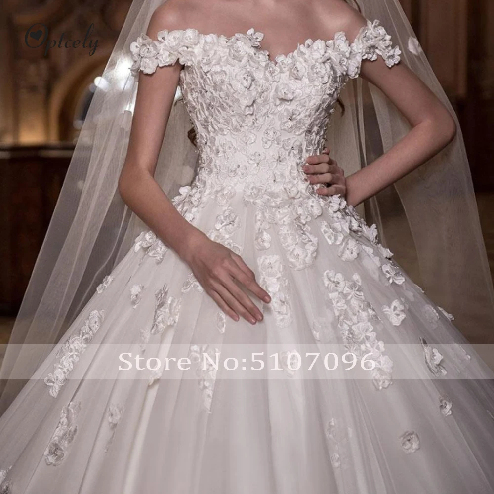 Optcely/роскошное свадебное платье трапециевидной формы с открытыми плечами и объемными цветами, с открытой спиной,, с аппликацией, с бисером, 1 м, с длинным шлейфом, платье принцессы для невесты