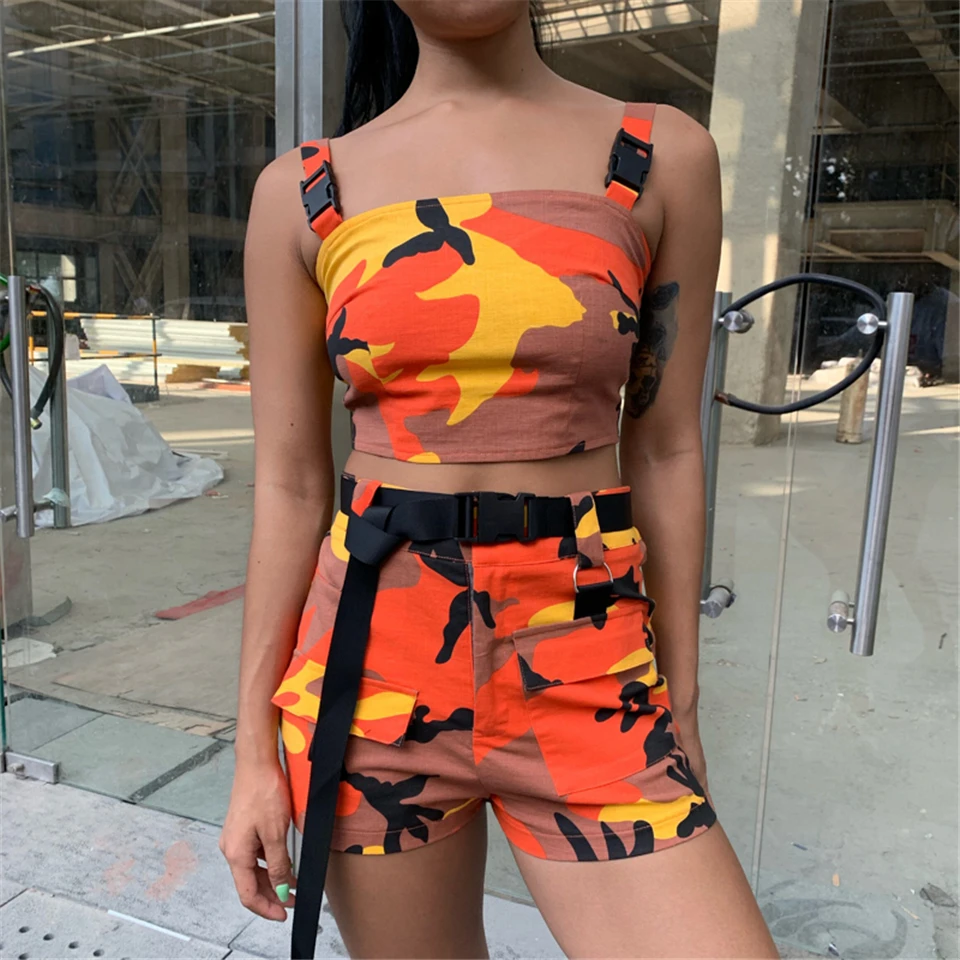 

Ariel Sarah Camouflage Gym Shorts Women Sexy Gym Shorts Set Sleeveless Two-piece Sport Set For Female Gym Clothing with Belt