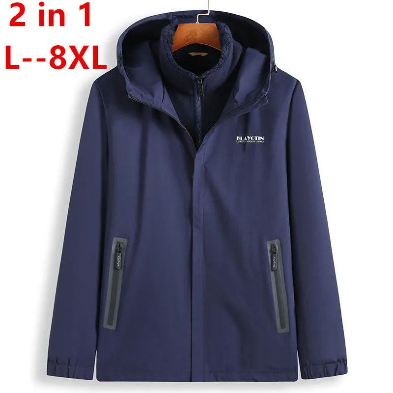 

Plus 8XL 6XL Winter Jacket Men 2 in 1 Parka Thermal Coats Outwear Thick Warm Patchwork Fleece Hooded Jacket Windproof Overcoat