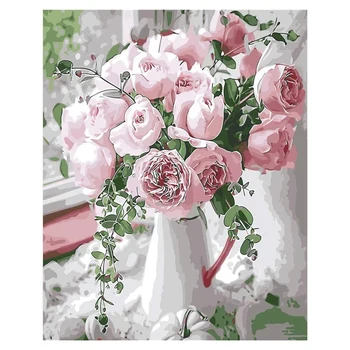 

DIY Paint By Numbers for Adults and Kids,16X20 Inch Creative Enterntainment Relax Canvas Painting Window Pink Rose