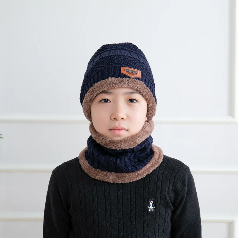 Осенне-зимний шерстяной костюм шляпа нагрудник зимняя теплая вязаная детская шапка из бархата Удобная бандана бафф для мальчиков и девочек - Цвет: 4