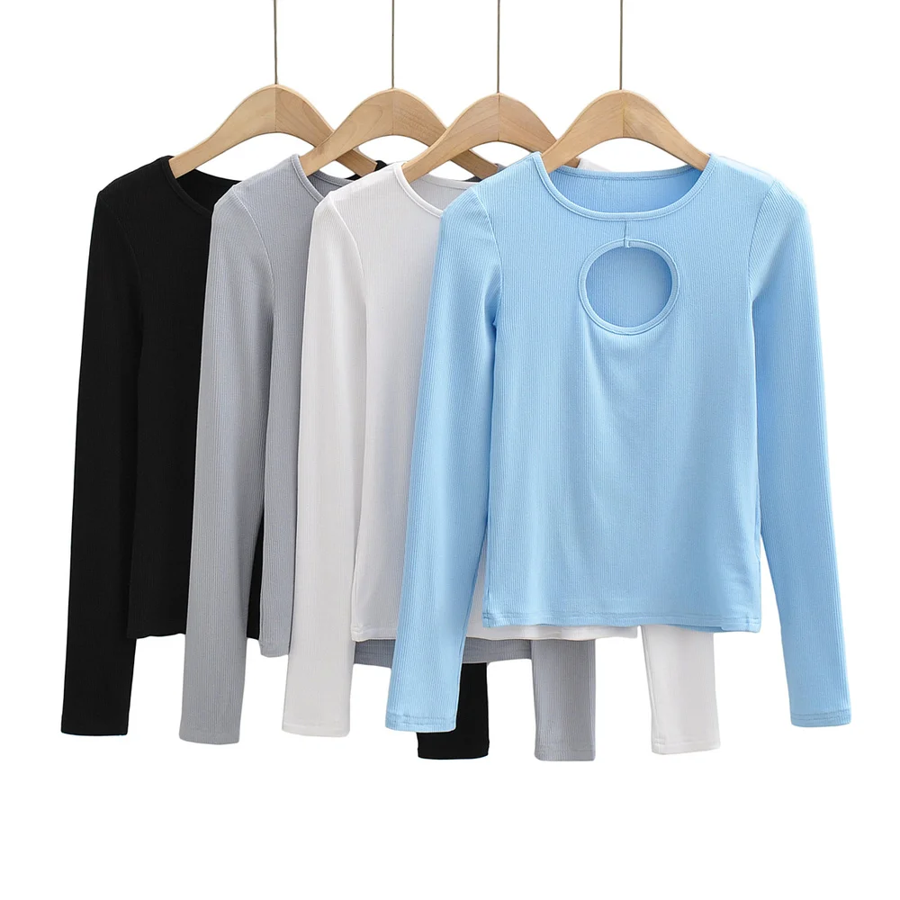 

Fall Winter Fashion Sexy Hollow Out Knitted T Shirts Women O Neck Long Sleeve Slim Stretch Tshirt Tops Casual White Ribbed Tee