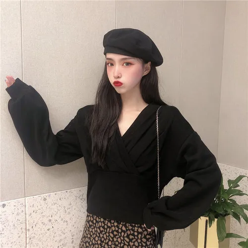 Черный Joinyouth ткань Женская Корейская Harajuku однотонная ropa mujer с v-образным вырезом Полная Толстовка тонкая высокая Талия свободная модная короткая Толстовка 212 - Цвет: Черный