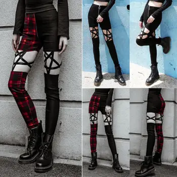 

Women Zipper Stretch Hollow out Leggings Pants Gothic Punk Cut Out Lace Up Skinny Trousers